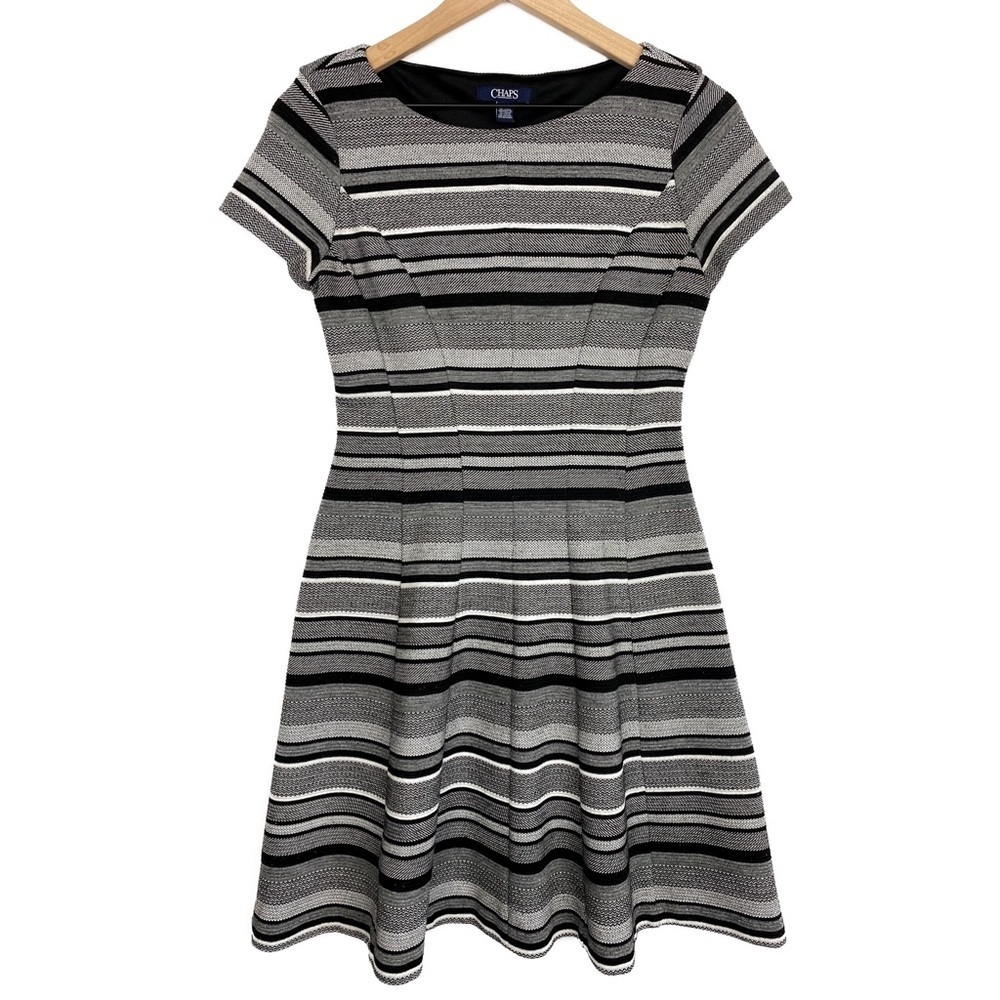 Chaps Ralph Lauren Striped Fit and Flare Mini‎ Dress, Black and White - Size XS